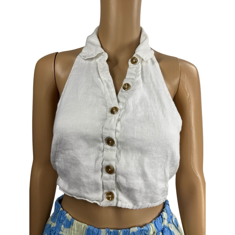 Free People Halter Top Button Down Sleeveless White Crop Top XS‎